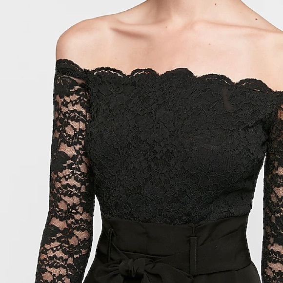 Express Lace Off The Shoulder Paperbag Slit Leg Jumpsuit - Picture 3 of 7